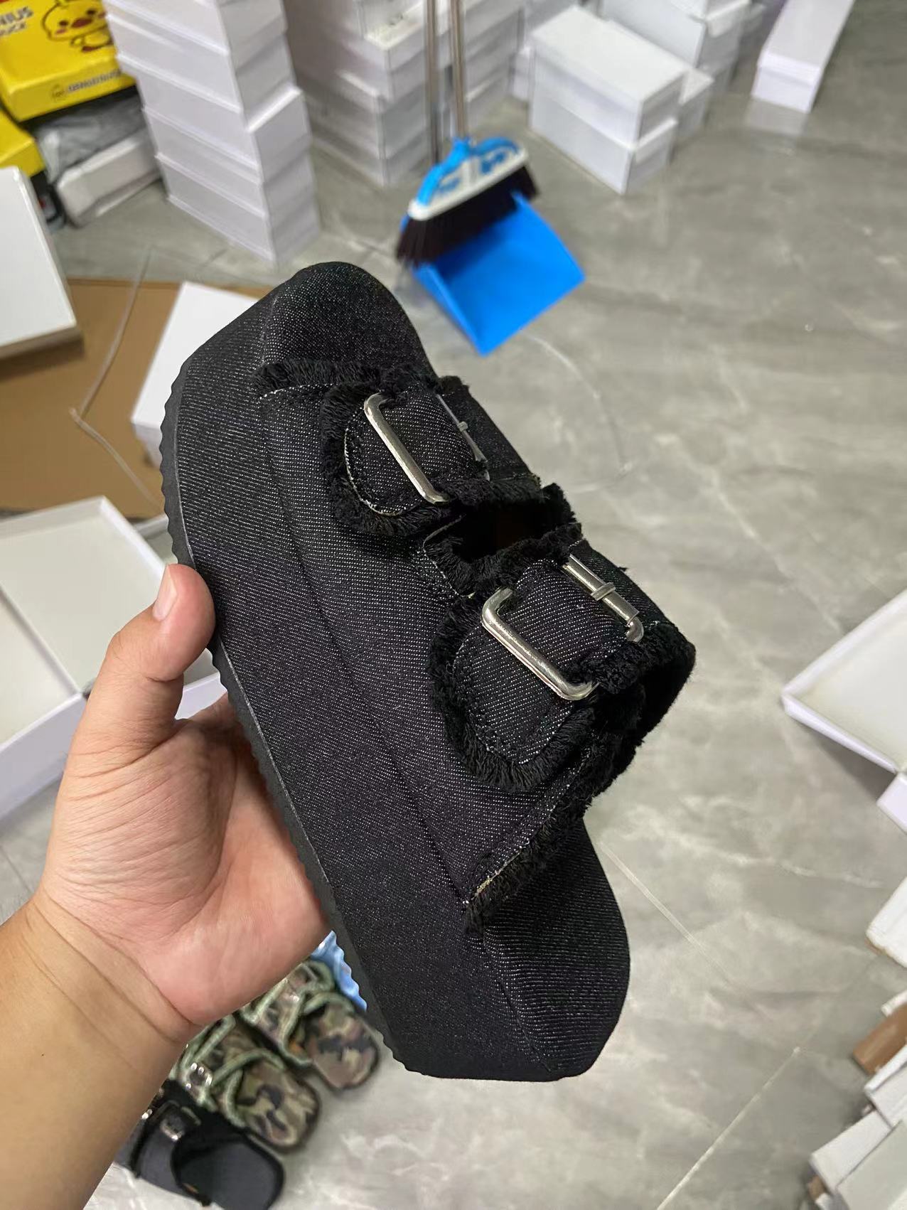 Platform Slip-On Denim Mules with Wedge Heel and Buckle Strap