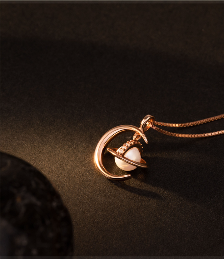 Planet and Moon Pendant Pearl Necklace