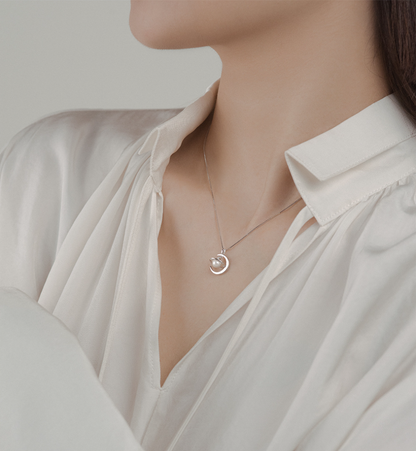Planet and Moon Pendant Pearl Necklace