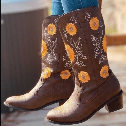 Chunky High-Heel Round-Toe Embroidered Martin Boots