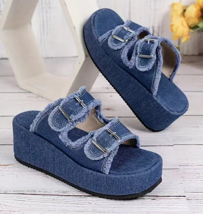 Platform Slip-On Denim Mules with Wedge Heel and Buckle Strap