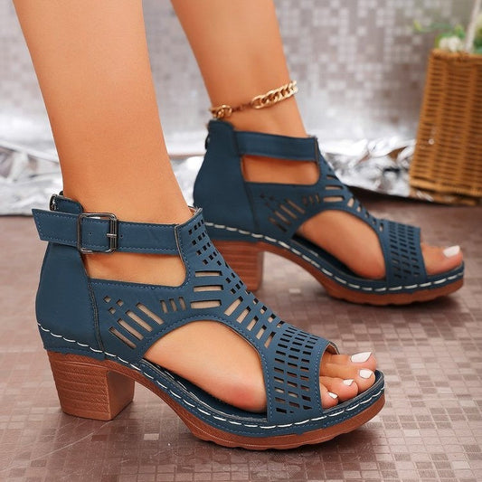 Chunky Heel Hollow-Out Peep-Toe Sandals