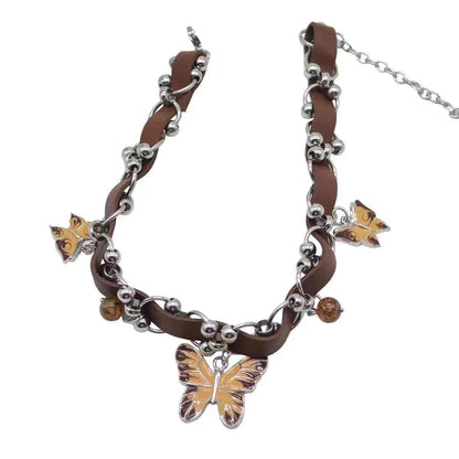 Vintage Coffee Enamel Butterfly Pendant Necklace – Statement Clavicle Chain