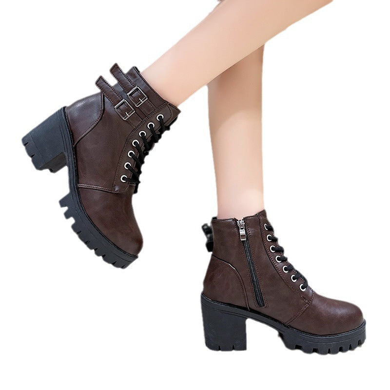 Round-Toe Mid-Heel Ankle Martin Boots with Side Zipper in Solid Color