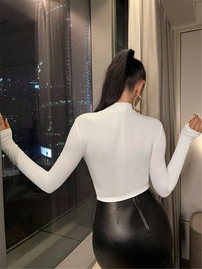 Autumn/Winter Slim Fit Versatile Ruched Mock Neck T-Shirt