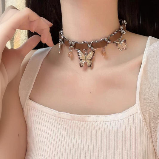 Vintage Coffee Enamel Butterfly Pendant Necklace – Statement Clavicle Chain