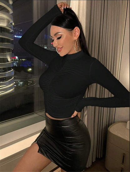 Autumn/Winter Slim Fit Versatile Ruched Mock Neck T-Shirt