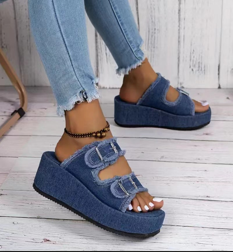 Platform Slip-On Denim Mules with Wedge Heel and Buckle Strap