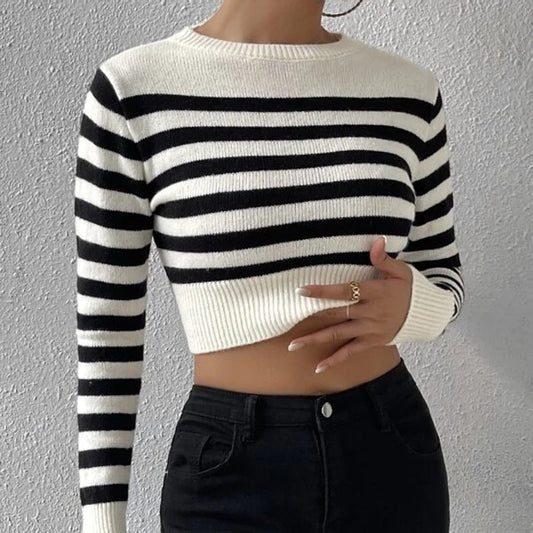 Striped Cropped Knit Sweater for Layering or Outerwear
