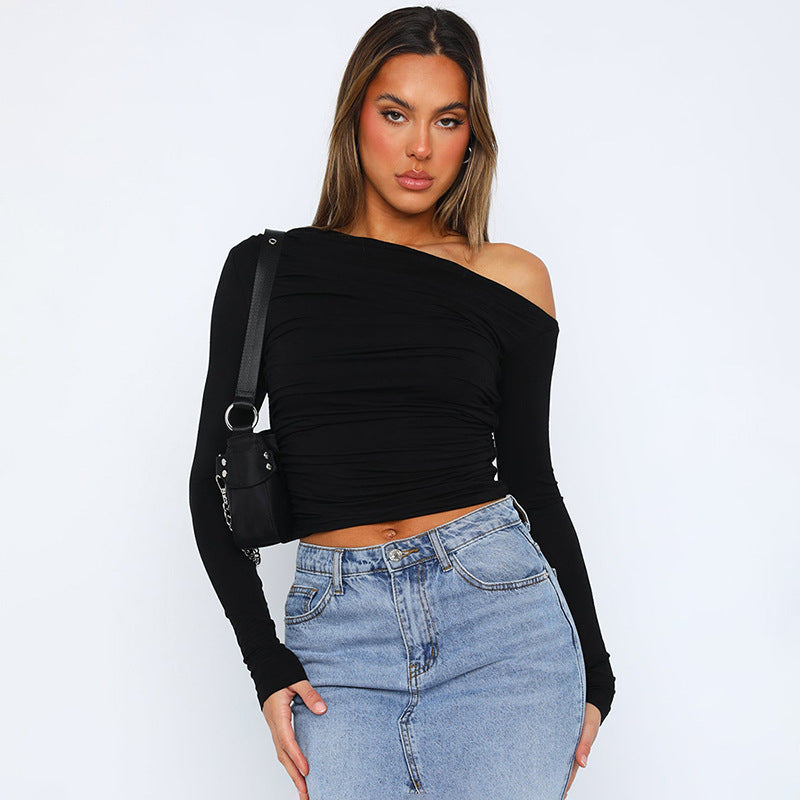 New INS Solid Color Asymmetrical Shoulder Long Sleeve Ruched Crop Top T-Shirt