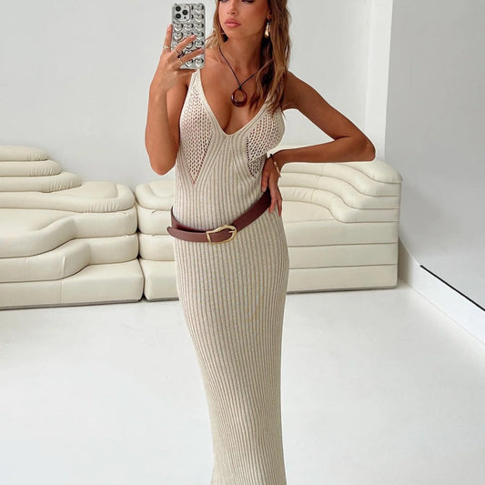 Hollow-Out Sheer Knit Spaghetti Strap V-Neck Sleeveless Backless Maxi Dress