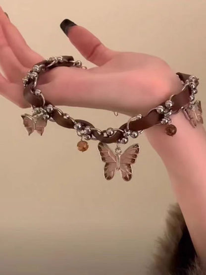 Vintage Coffee Enamel Butterfly Pendant Necklace – Statement Clavicle Chain