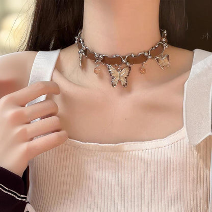 Vintage Coffee Enamel Butterfly Pendant Necklace – Statement Clavicle Chain