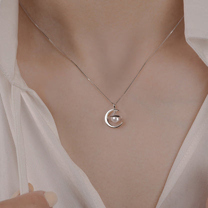 Planet and Moon Pendant Pearl Necklace