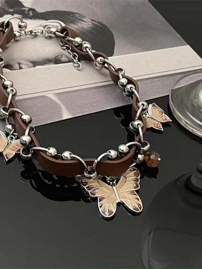 Vintage Coffee Enamel Butterfly Pendant Necklace – Statement Clavicle Chain