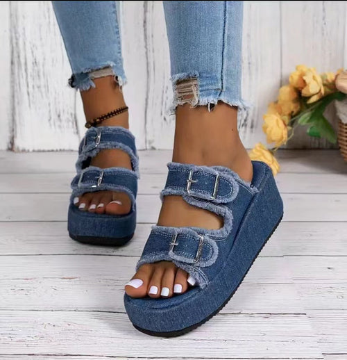 Platform Slip-On Denim Mules with Wedge Heel and Buckle Strap