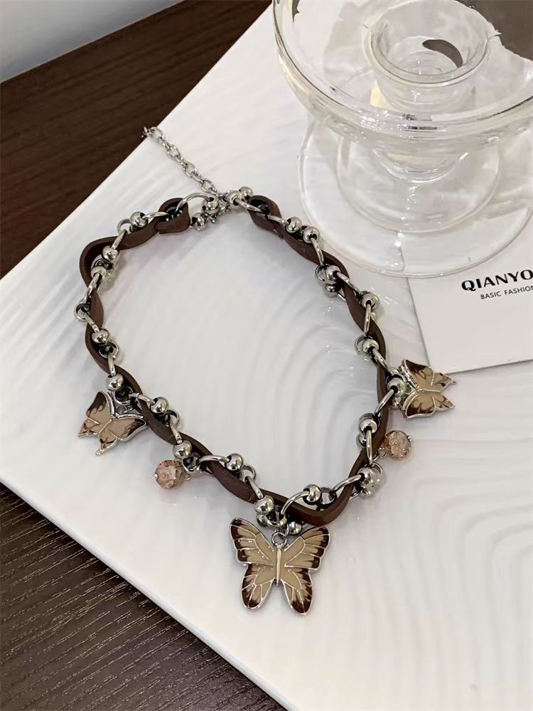 Vintage Coffee Enamel Butterfly Pendant Necklace – Statement Clavicle Chain